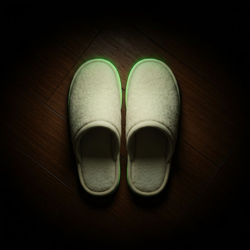 Cozy cream slippers on a dark wooden floor