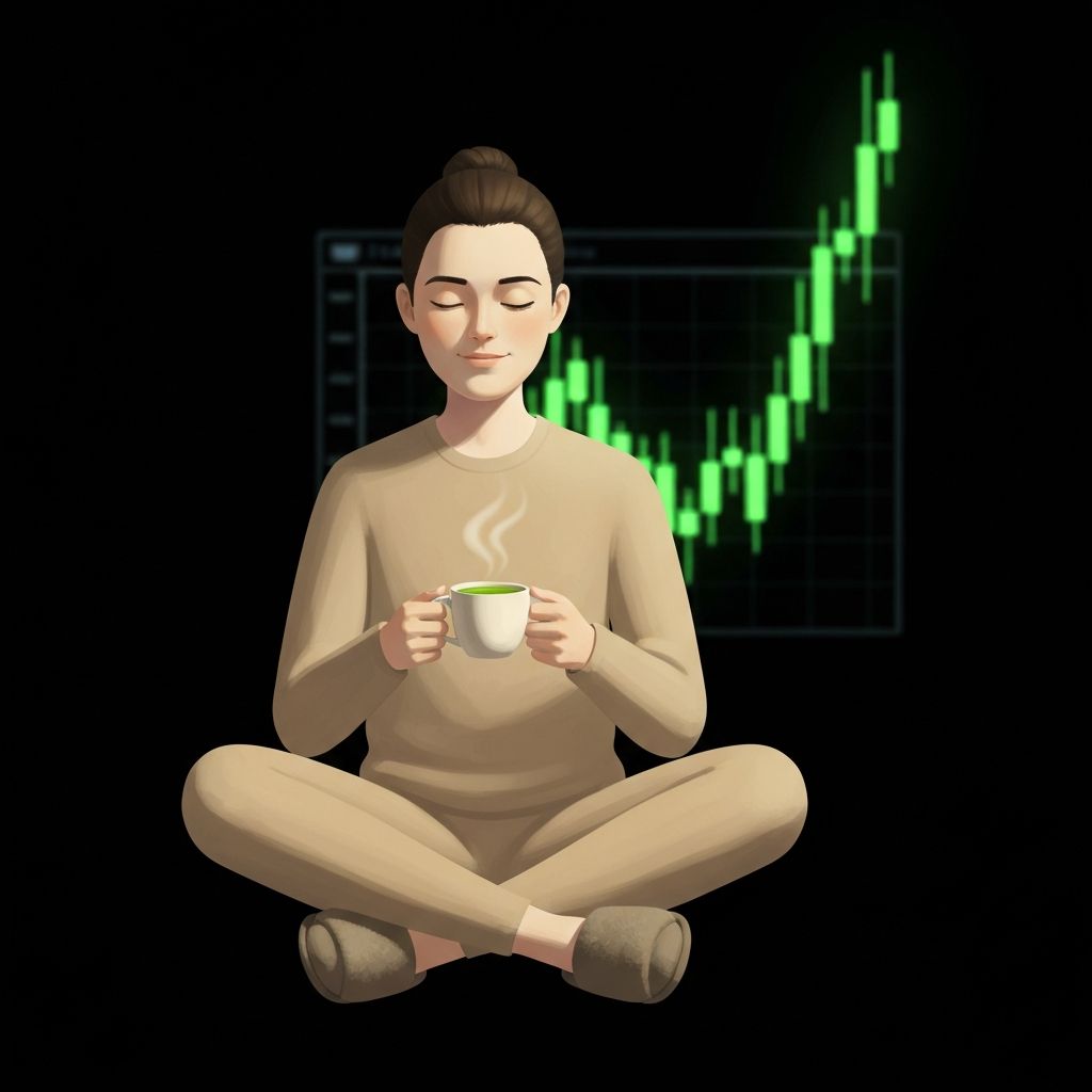 Zen character with tea, calm while market pumps in background